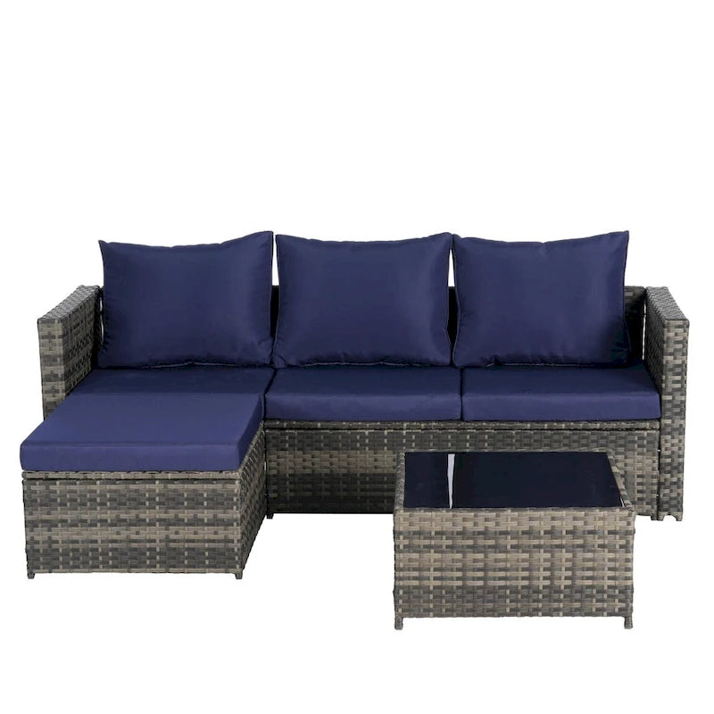 Outdoor Wicker L- Shaped 3-Seat Sofa Set with Ottoman and Coffee Table