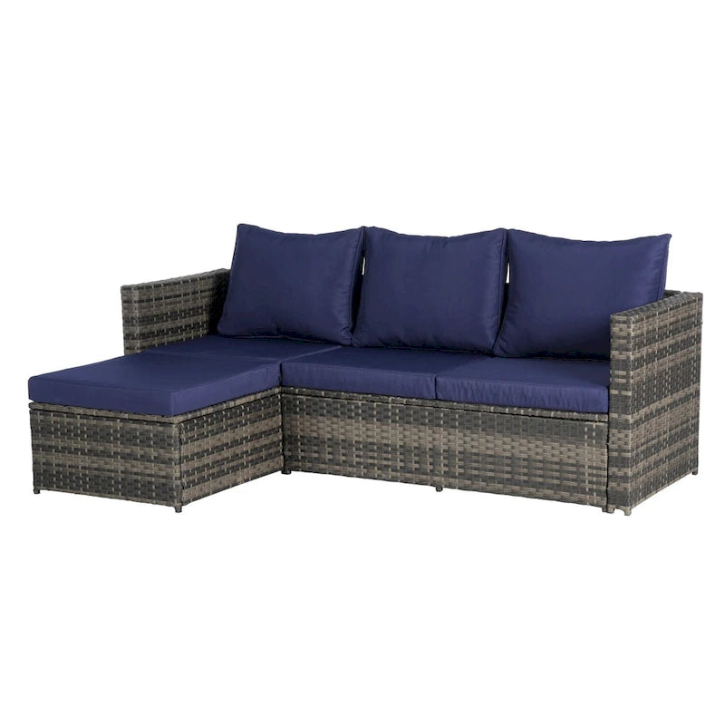 Outdoor Wicker L- Shaped 3-Seat Sofa Set with Ottoman and Coffee Table