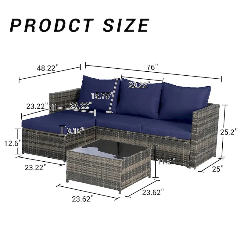 Outdoor Wicker L- Shaped 3-Seat Sofa Set with Ottoman and Coffee Table