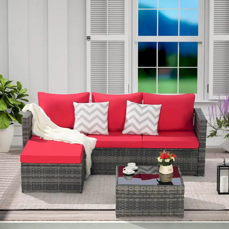 Outdoor Wicker L- Shaped 3-Seat Sofa Set with Ottoman and Coffee Table