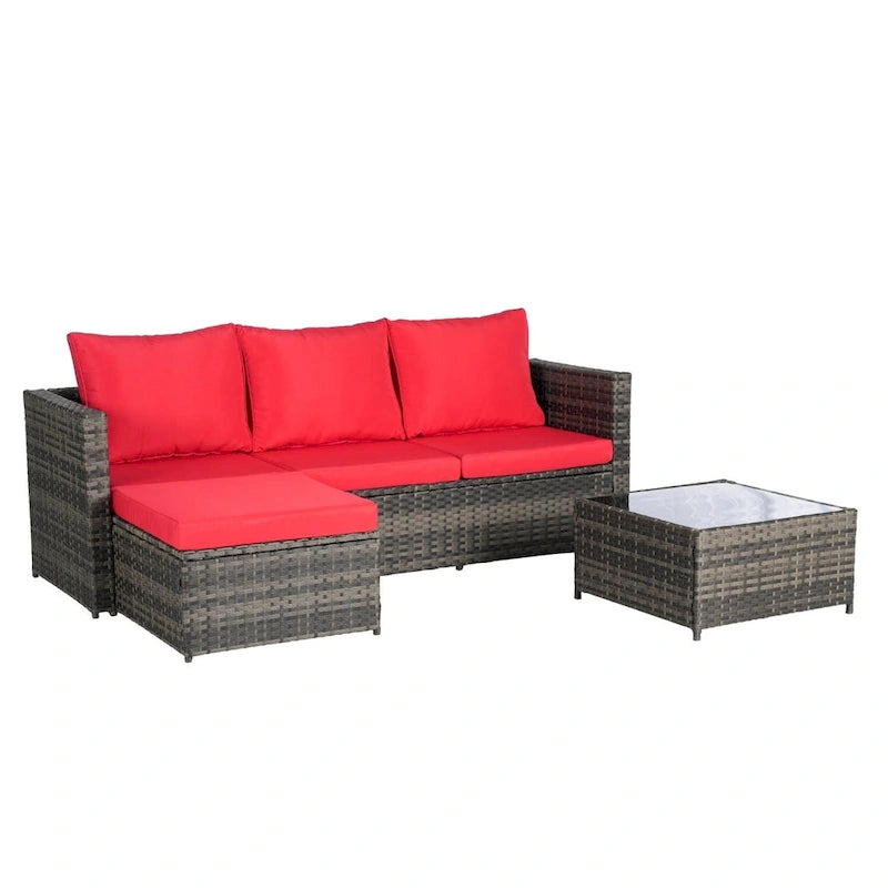 Outdoor Wicker L- Shaped 3-Seat Sofa Set with Ottoman and Coffee Table