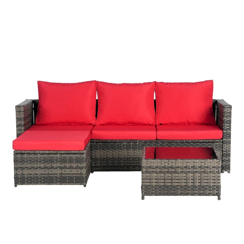Outdoor Wicker L- Shaped 3-Seat Sofa Set with Ottoman and Coffee Table