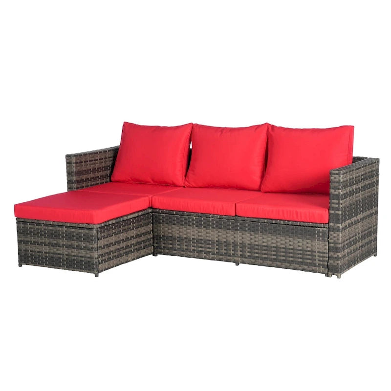 Outdoor Wicker L- Shaped 3-Seat Sofa Set with Ottoman and Coffee Table