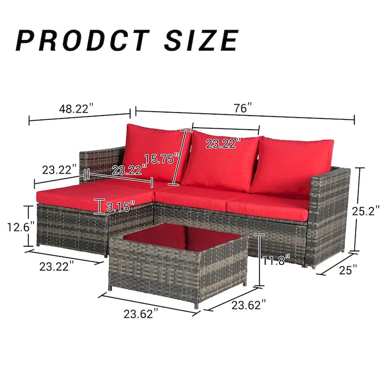 Outdoor Wicker L- Shaped 3-Seat Sofa Set with Ottoman and Coffee Table