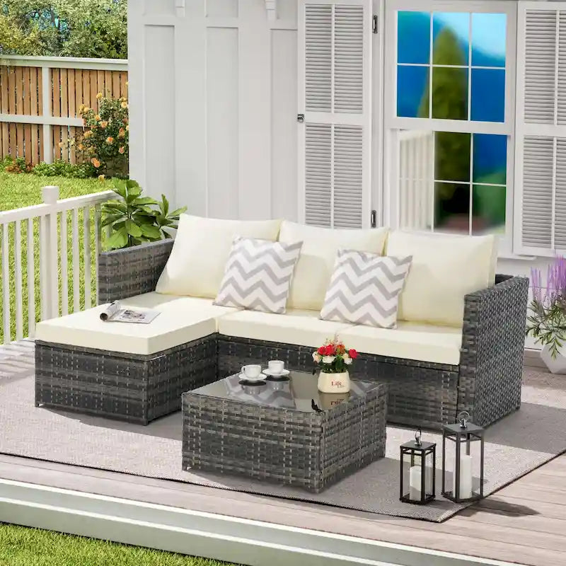 Outdoor Wicker L- Shaped 3-Seat Sofa Set with Ottoman and Coffee Table
