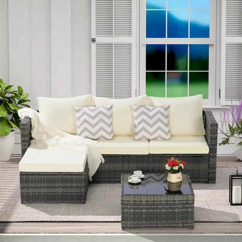Outdoor Wicker L- Shaped 3-Seat Sofa Set with Ottoman and Coffee Table