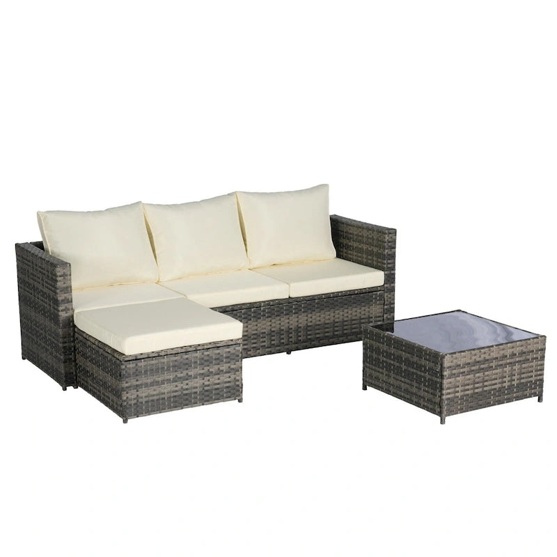 Outdoor Wicker L- Shaped 3-Seat Sofa Set with Ottoman and Coffee Table