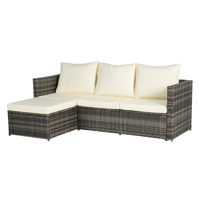 Outdoor Wicker L- Shaped 3-Seat Sofa Set with Ottoman and Coffee Table