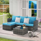 Outdoor Wicker L- Shaped 3-Seat Sofa Set with Ottoman and Coffee Table