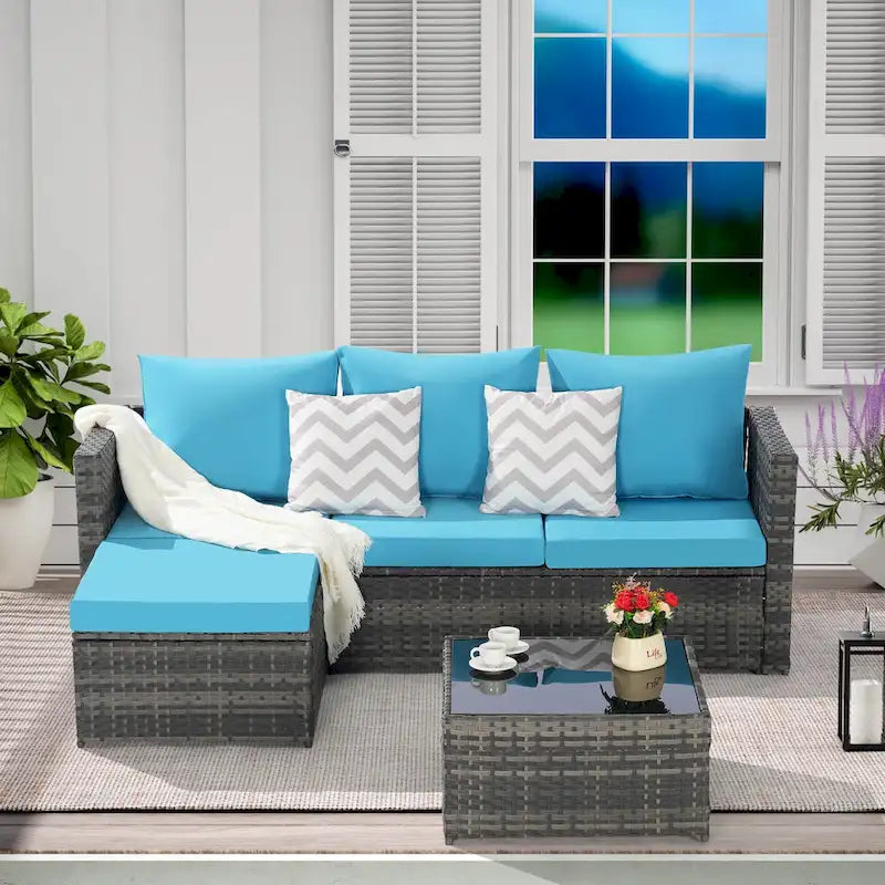 Outdoor Wicker L- Shaped 3-Seat Sofa Set with Ottoman and Coffee Table
