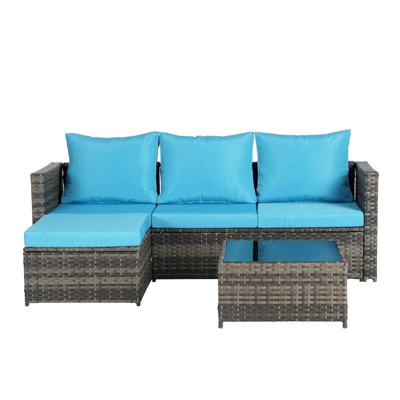 Outdoor Wicker L- Shaped 3-Seat Sofa Set with Ottoman and Coffee Table