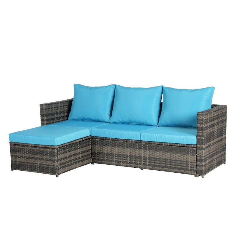 Outdoor Wicker L- Shaped 3-Seat Sofa Set with Ottoman and Coffee Table