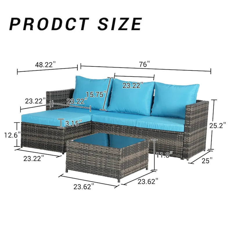 Outdoor Wicker L- Shaped 3-Seat Sofa Set with Ottoman and Coffee Table