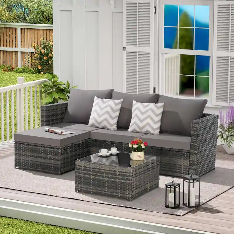 Outdoor Wicker L- Shaped 3-Seat Sofa Set with Ottoman and Coffee Table