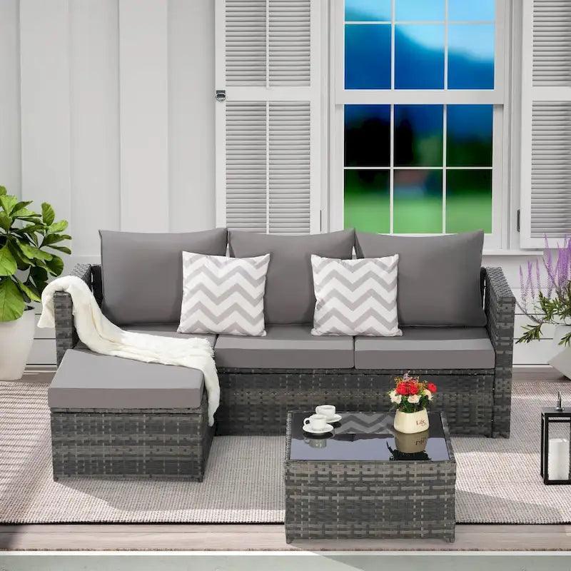 Outdoor Wicker L- Shaped 3-Seat Sofa Set with Ottoman and Coffee Table