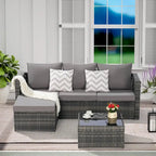 Outdoor Wicker L- Shaped 3-Seat Sofa Set with Ottoman and Coffee Table