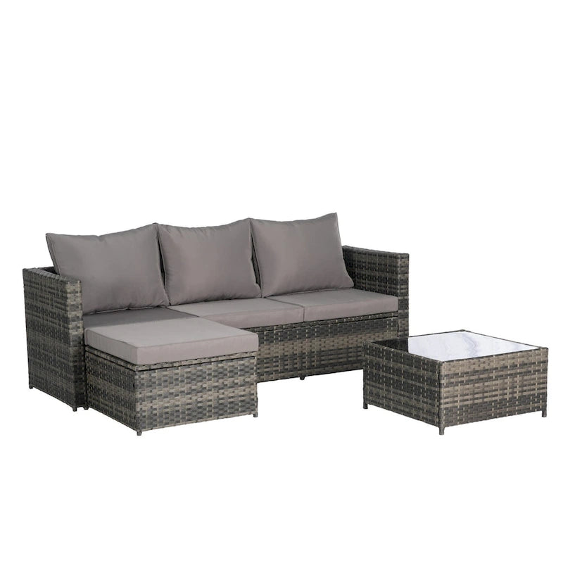 Outdoor Wicker L- Shaped 3-Seat Sofa Set with Ottoman and Coffee Table