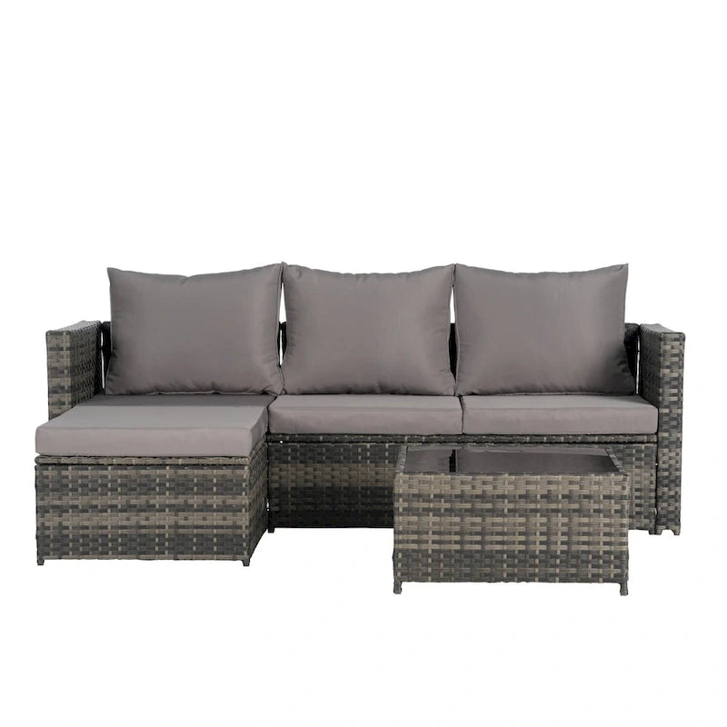 Outdoor Wicker L- Shaped 3-Seat Sofa Set with Ottoman and Coffee Table