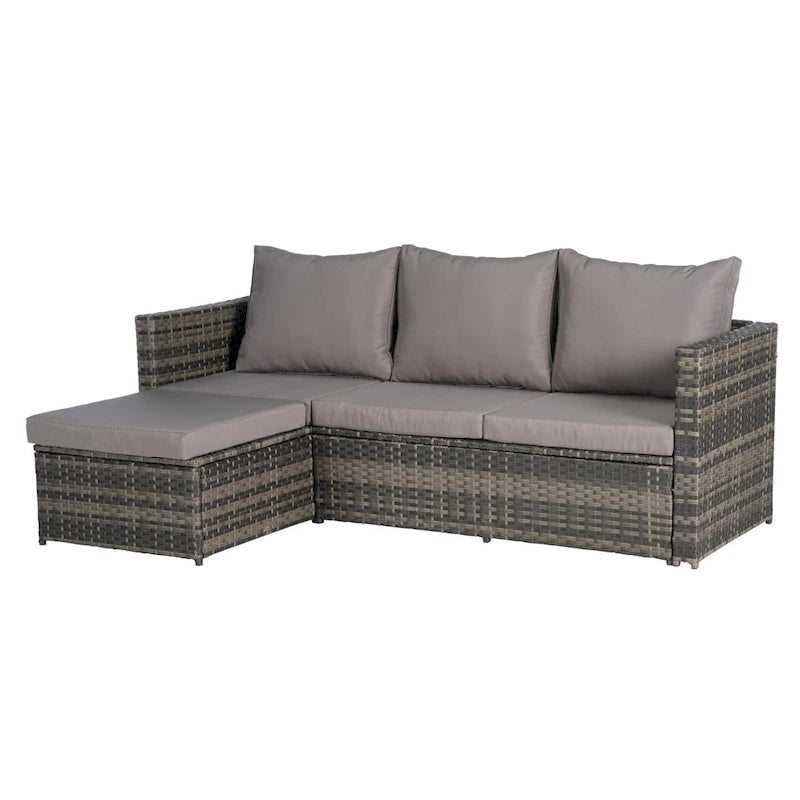 Outdoor Wicker L- Shaped 3-Seat Sofa Set with Ottoman and Coffee Table