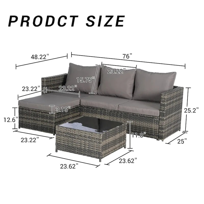 Outdoor Wicker L- Shaped 3-Seat Sofa Set with Ottoman and Coffee Table