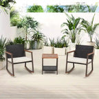 Outdoor 3 Pieces Wicker Rocking Bistro Chair Set with Coffee Table and Cushions, Mix Brown
