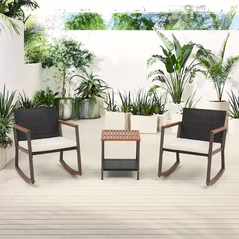Outdoor 3 Pieces Wicker Rocking Bistro Chair Set with Coffee Table and Cushions, Mix Brown
