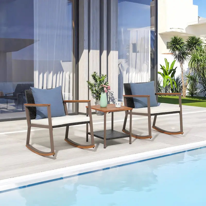 Outdoor 3 Pieces Wicker Rocking Bistro Chair Set with Coffee Table and Cushions, Mix Brown