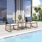 Outdoor 3 Pieces Wicker Rocking Bistro Chair Set with Coffee Table and Cushions, Mix Brown