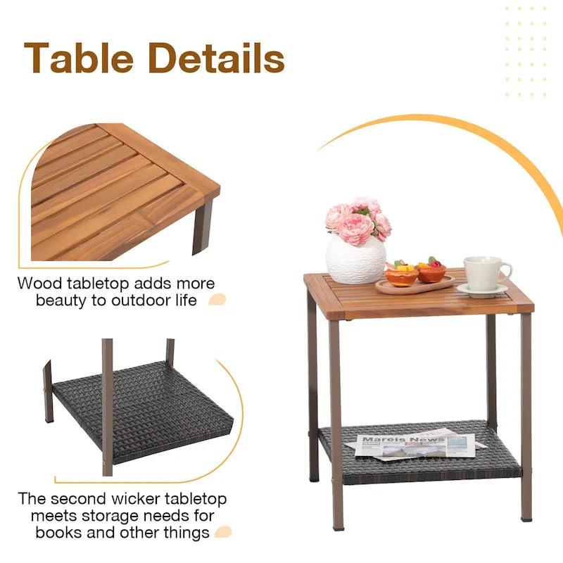 Outdoor 3 Pieces Wicker Rocking Bistro Chair Set with Coffee Table and Cushions, Mix Brown