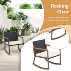 Outdoor 3 Pieces Wicker Rocking Bistro Chair Set with Coffee Table and Cushions, Mix Brown