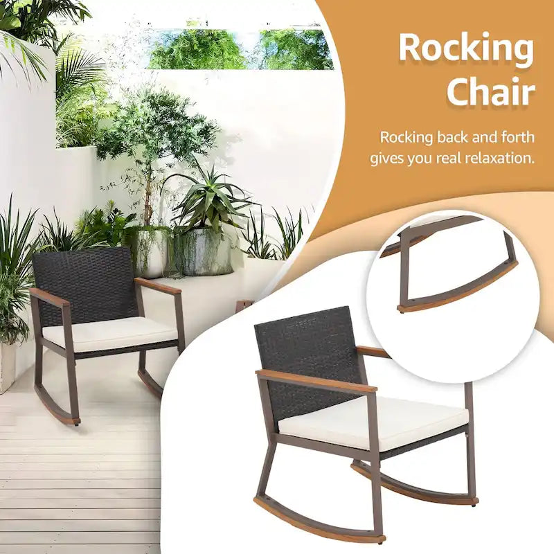 Outdoor 3 Pieces Wicker Rocking Bistro Chair Set with Coffee Table and Cushions, Mix Brown