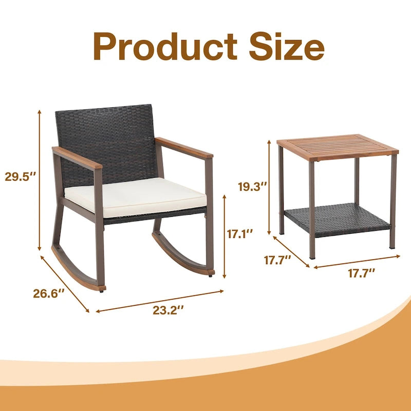 Outdoor 3 Pieces Wicker Rocking Bistro Chair Set with Coffee Table and Cushions, Mix Brown