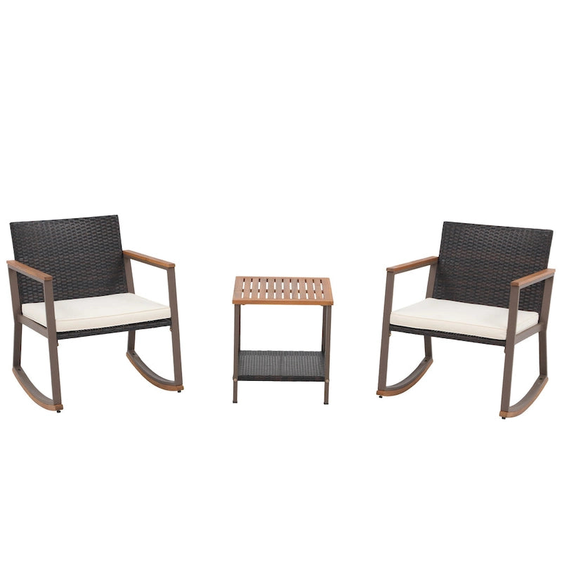Outdoor 3 Pieces Wicker Rocking Bistro Chair Set with Coffee Table and Cushions, Mix Brown