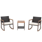 Outdoor 3 Pieces Wicker Rocking Bistro Chair Set with Coffee Table and Cushions, Mix Brown