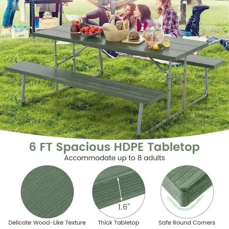 Gymax Folding Picnic Table w/ 2 Benches 6 FT Camping Table Set w/
