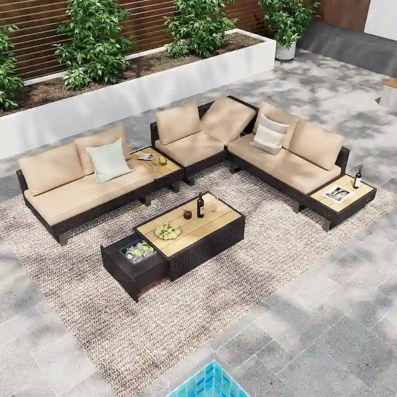 Outdoor 6-Piece Rattan Sectional Sofa Set with Adjustable Seat & Ice Bucket Table