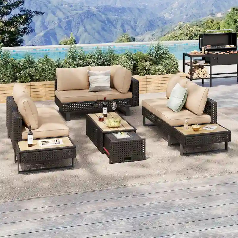 Outdoor 6-Piece Rattan Sectional Sofa Set with Adjustable Seat & Ice Bucket Table