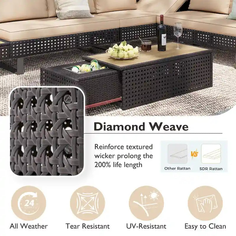 Outdoor 6-Piece Rattan Sectional Sofa Set with Adjustable Seat & Ice Bucket Table