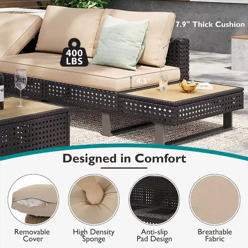 Outdoor 6-Piece Rattan Sectional Sofa Set with Adjustable Seat & Ice Bucket Table