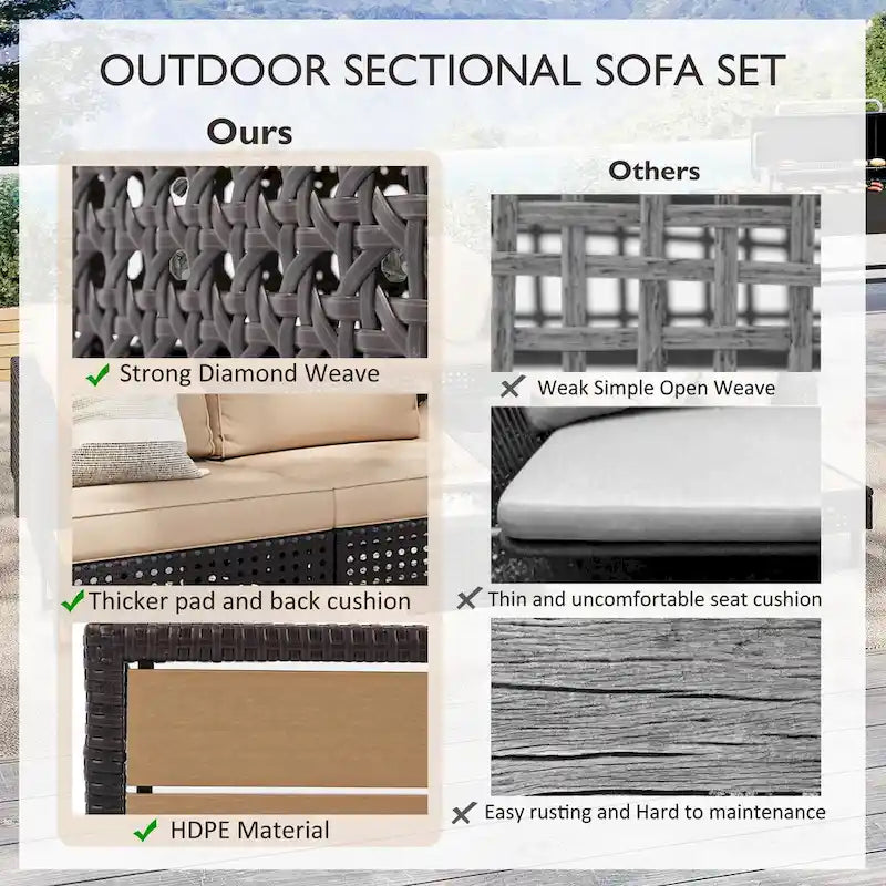 Outdoor 6-Piece Rattan Sectional Sofa Set with Adjustable Seat & Ice Bucket Table