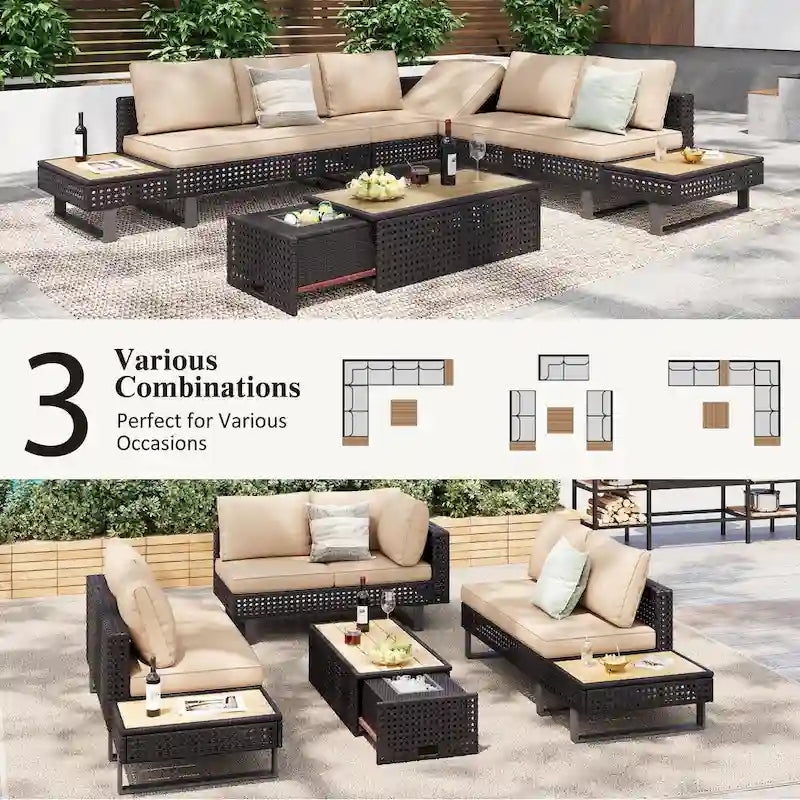 Outdoor 6-Piece Rattan Sectional Sofa Set with Adjustable Seat & Ice Bucket Table