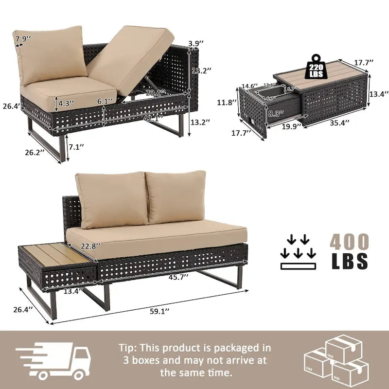 Outdoor 6-Piece Rattan Sectional Sofa Set with Adjustable Seat & Ice Bucket Table