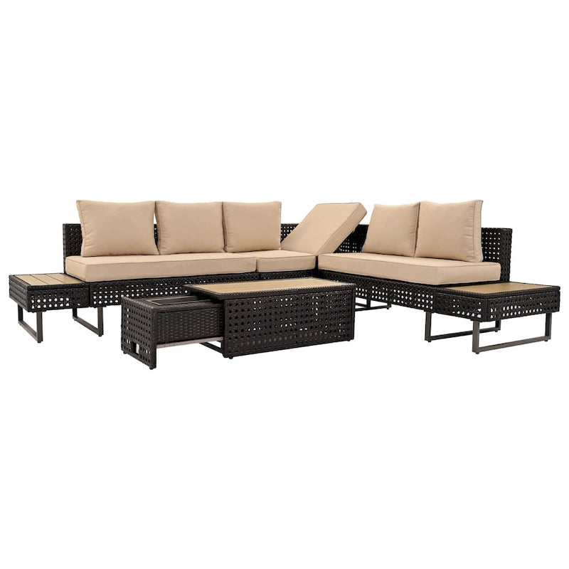 Outdoor 6-Piece Rattan Sectional Sofa Set with Adjustable Seat & Ice Bucket Table