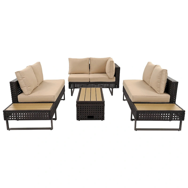 Outdoor 6-Piece Rattan Sectional Sofa Set with Adjustable Seat & Ice Bucket Table