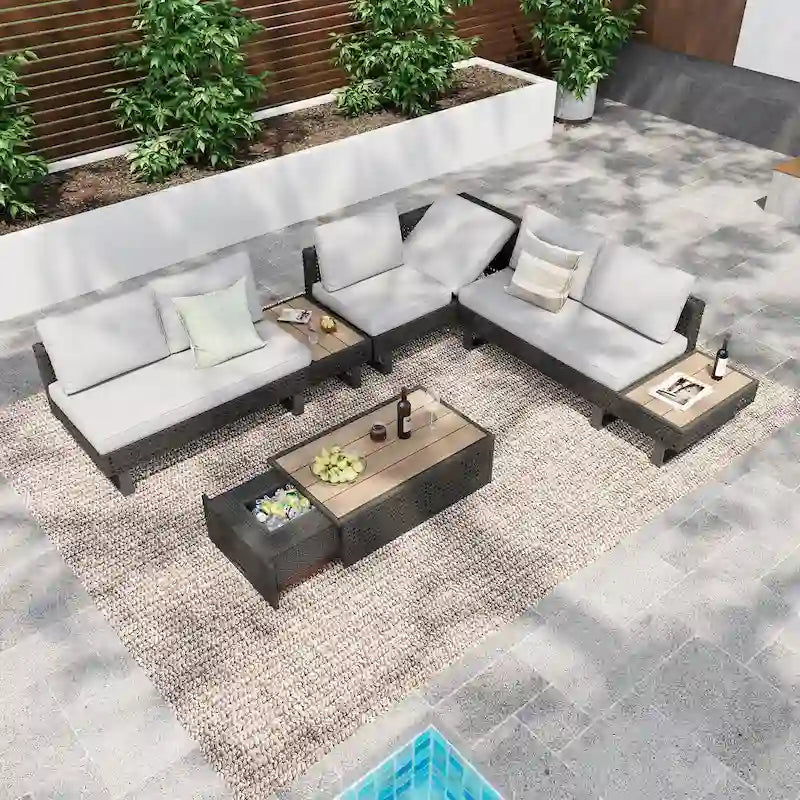 Outdoor 6-Piece Rattan Sectional Sofa Set with Adjustable Seat & Ice Bucket Table