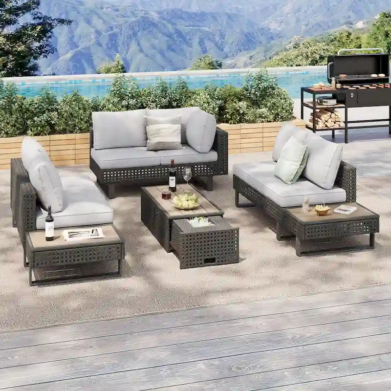 Outdoor 6-Piece Rattan Sectional Sofa Set with Adjustable Seat & Ice Bucket Table