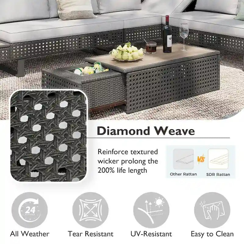 Outdoor 6-Piece Rattan Sectional Sofa Set with Adjustable Seat & Ice Bucket Table