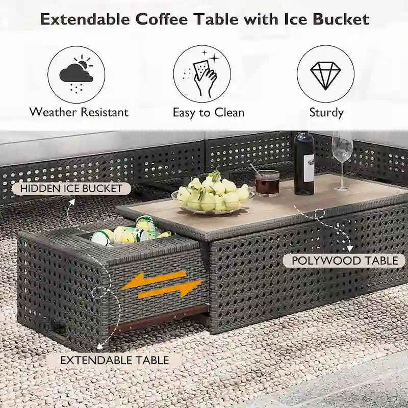 Outdoor 6-Piece Rattan Sectional Sofa Set with Adjustable Seat & Ice Bucket Table