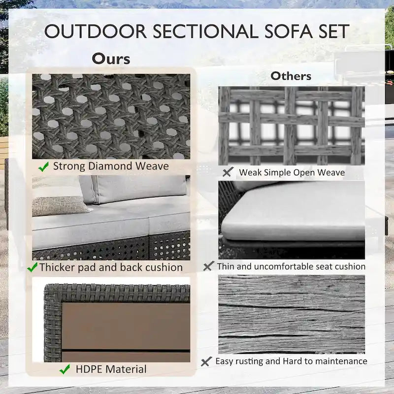 Outdoor 6-Piece Rattan Sectional Sofa Set with Adjustable Seat & Ice Bucket Table