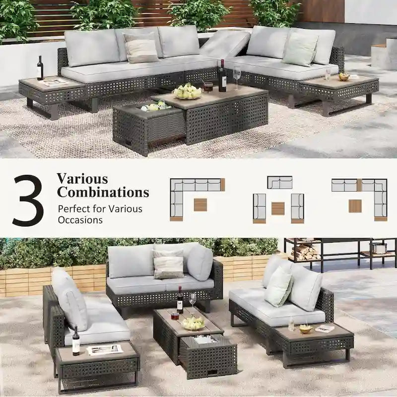 Outdoor 6-Piece Rattan Sectional Sofa Set with Adjustable Seat & Ice Bucket Table
